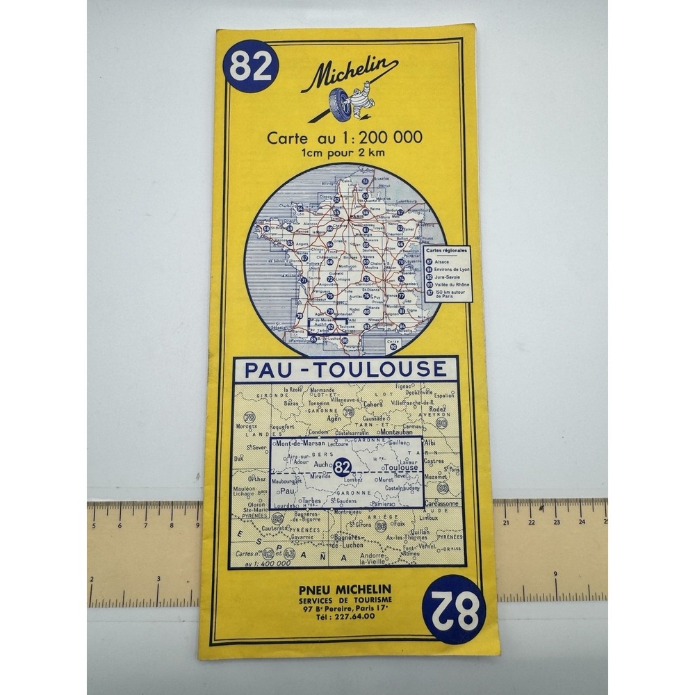 Vintage Michelin Map 82 Pau-Toulouse France Scale Road Map Yellow Cover 1970s